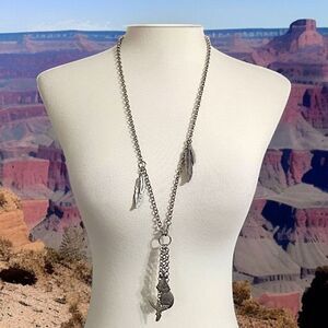 Lariat Y Drop‎ Feather Necklace Statement Long Western Silver Tone Southwestern.